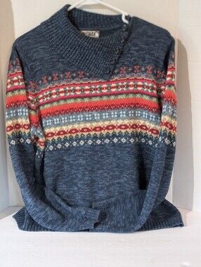 Tiara Women's Blue Fair Isle Button-Neck Sweater with Multicolor Stripes, Large